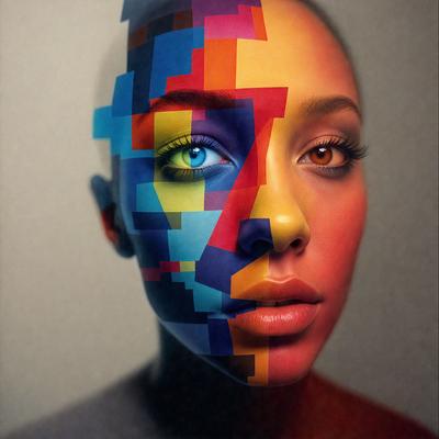 The primary subject of the image is a woman with a unique and colorful appearance. She has a mix of blue, yellow, red, and green colors on her face, giving her a vibrant and artistic look. The setting is a close-up of her face, and the visual style is a combination of digital art and illustration. The colors and mood of the image are lively and energetic, with the woman's striking appearance capturing the viewer's attention.
